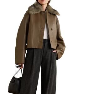 Vince Modern Brown Faux Fur Trimmed Paneled Leather Size L Jacket